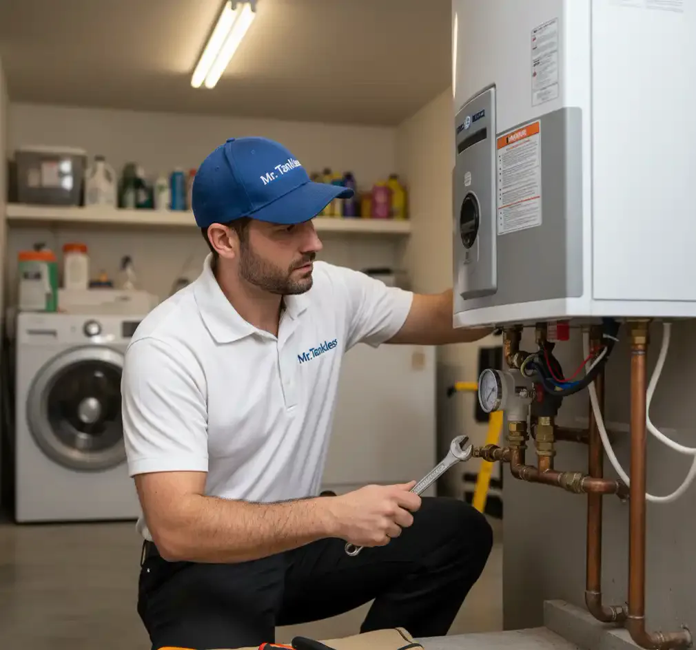 A Mr. Tankless technician repairing a wall-mounted unit in a basement utility room