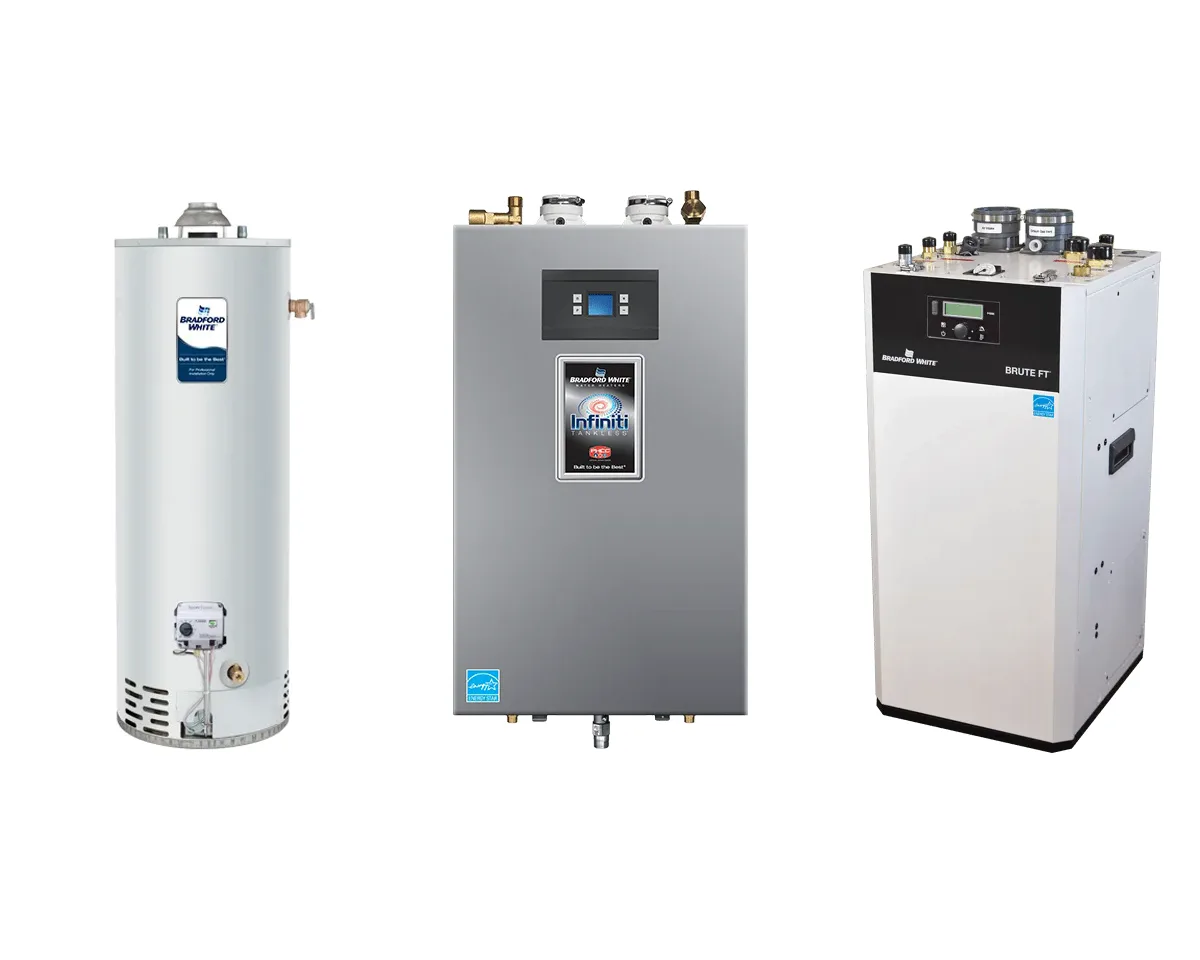 A Bradford White atmospheric gas water heater, Infiniti tankless water heater, and Brute FT combination boiler