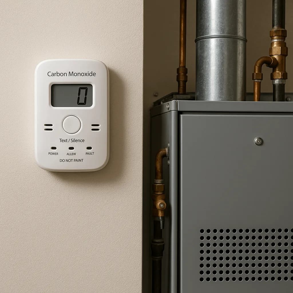 A carbon monoxide detector mounted on a wall beside a furnace
