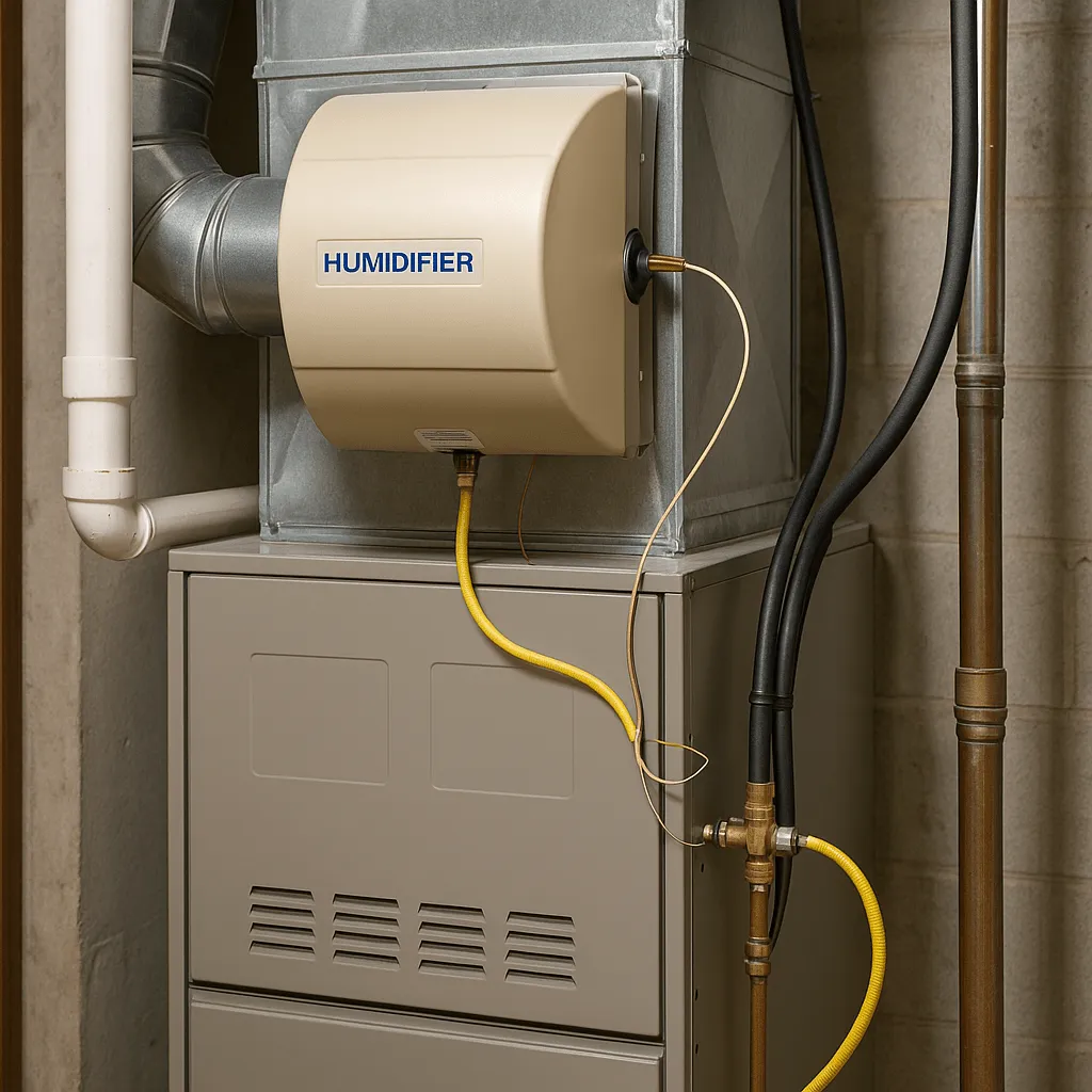 A whole-home humidifier mounted on the ductwork of a furnace