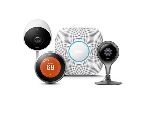 A Nest Learning Thermostat, Nest Protect alarm, and indoor and outdoor Nest Cams