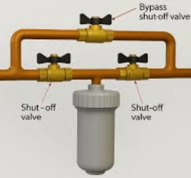 Diagram of a clear sediment filter canister with a bypass shut-off valve and two shut-off valves