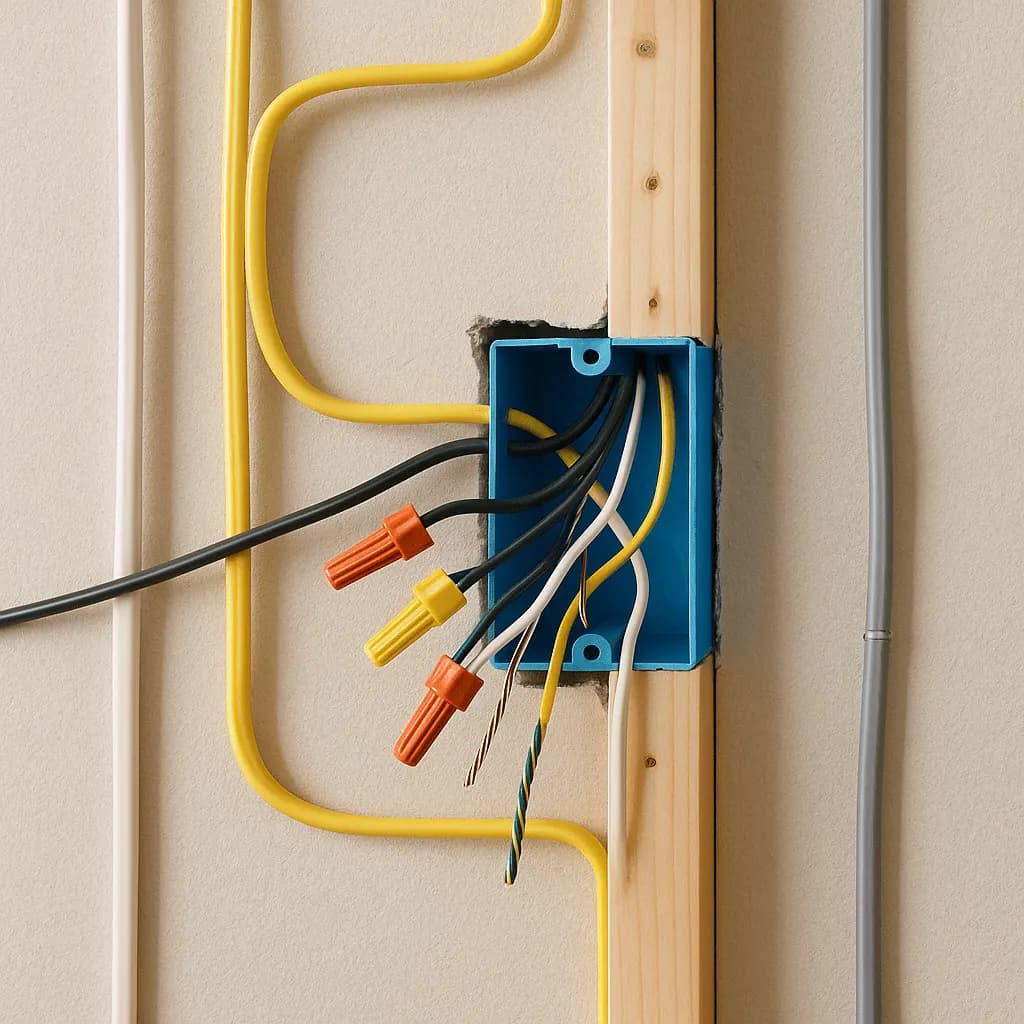 Electrical wires connected inside an open junction box on a wall stud