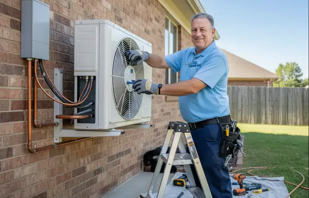 A Mr. Tankless technician installing a wall-mounted air conditioner outside a brick home