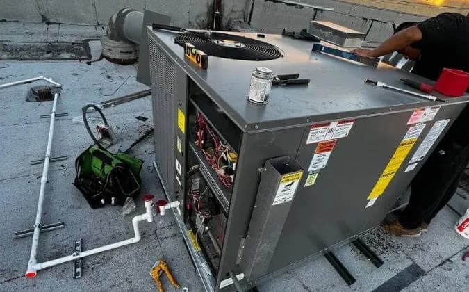 A technician repairing a packaged air conditioning unit with its service panel open