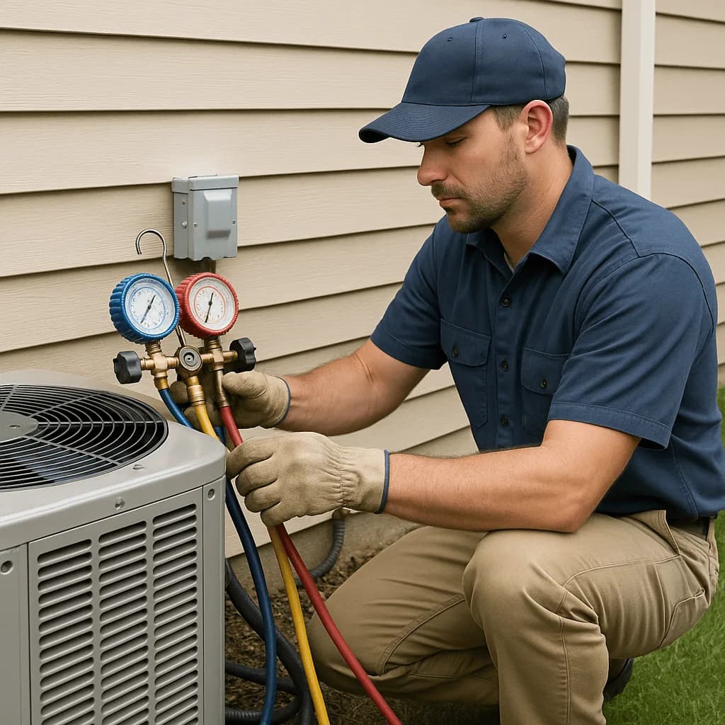 A technician checking refrigerant pressure on an outdoor air conditioning unit