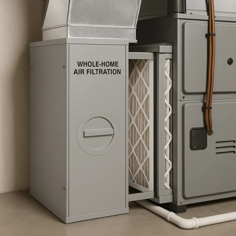 A whole-home air filtration cabinet installed beside a furnace