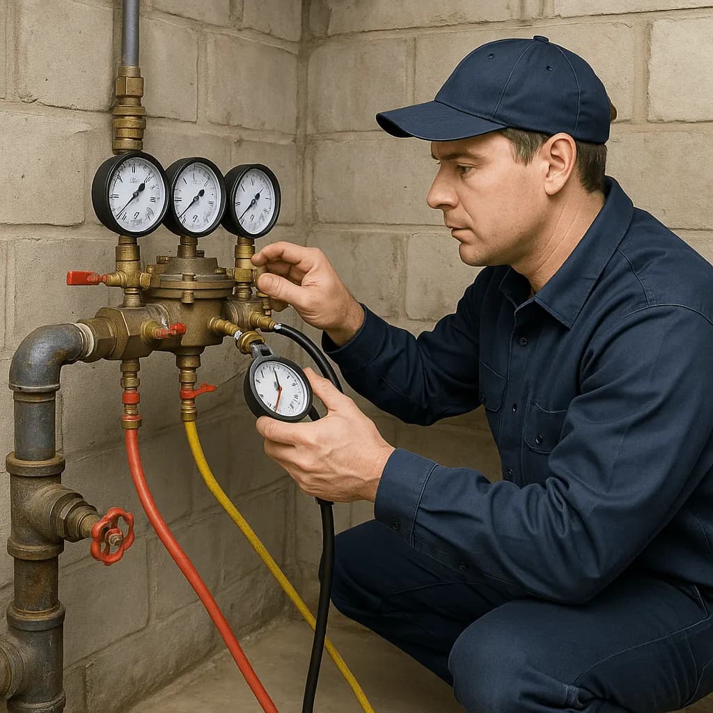 A plumber reading pressure gauges on a backflow test kit connected to a water line