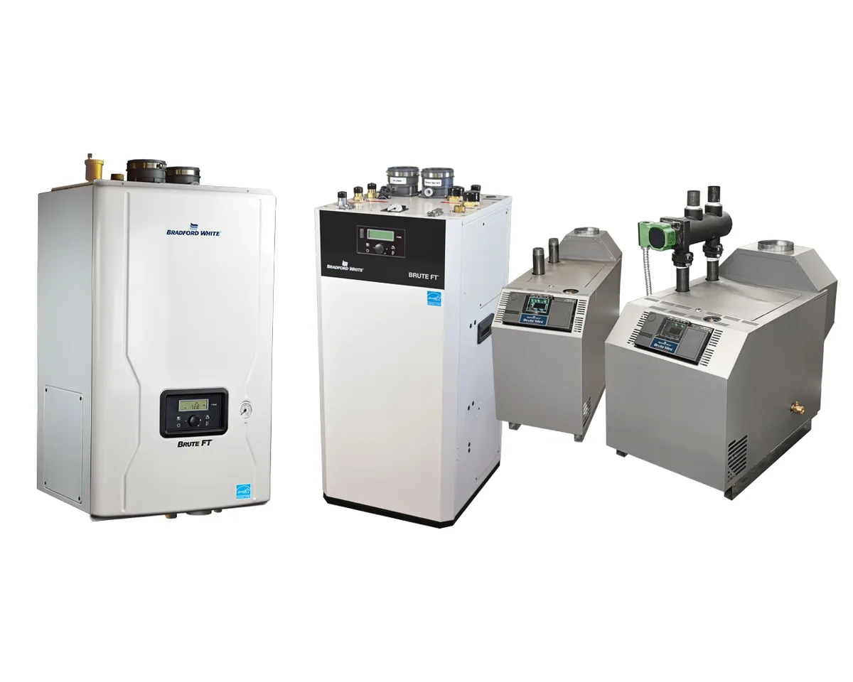 Bradford White Brute FT wall-hung and floor-standing combination boilers beside two Brute Mini hydronic boilers