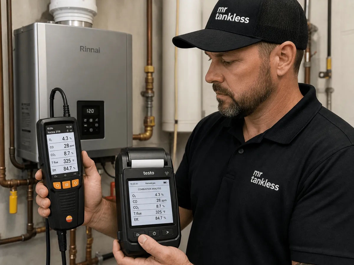 A Mr. Tankless technician reading a combustion analyzer and its printout beside a wall-mounted unit