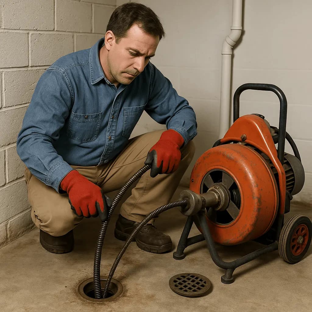 A plumber feeding a drain-cleaning machine cable into a basement floor drain