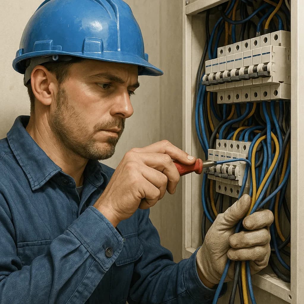 An electrician working on a home circuit breaker panel