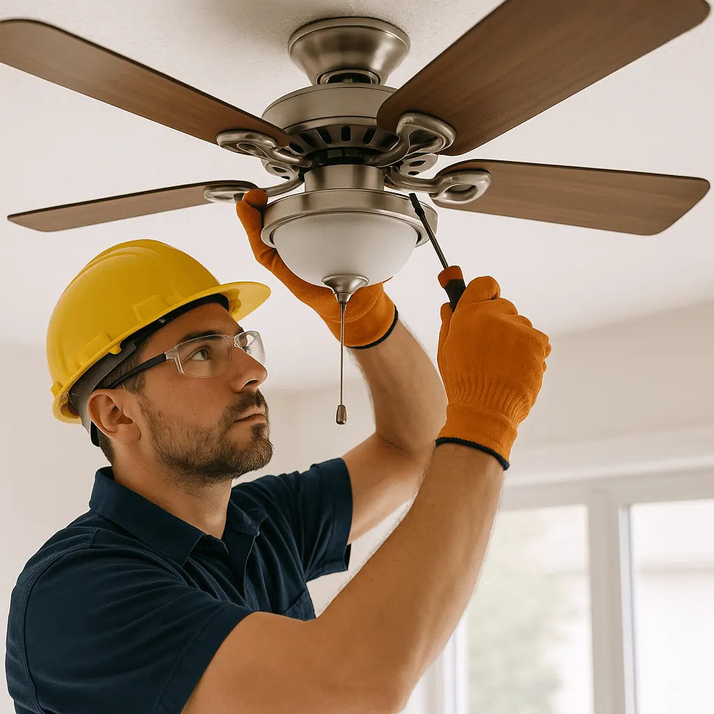 An electrician in a hard hat installing a ceiling fan light fixture