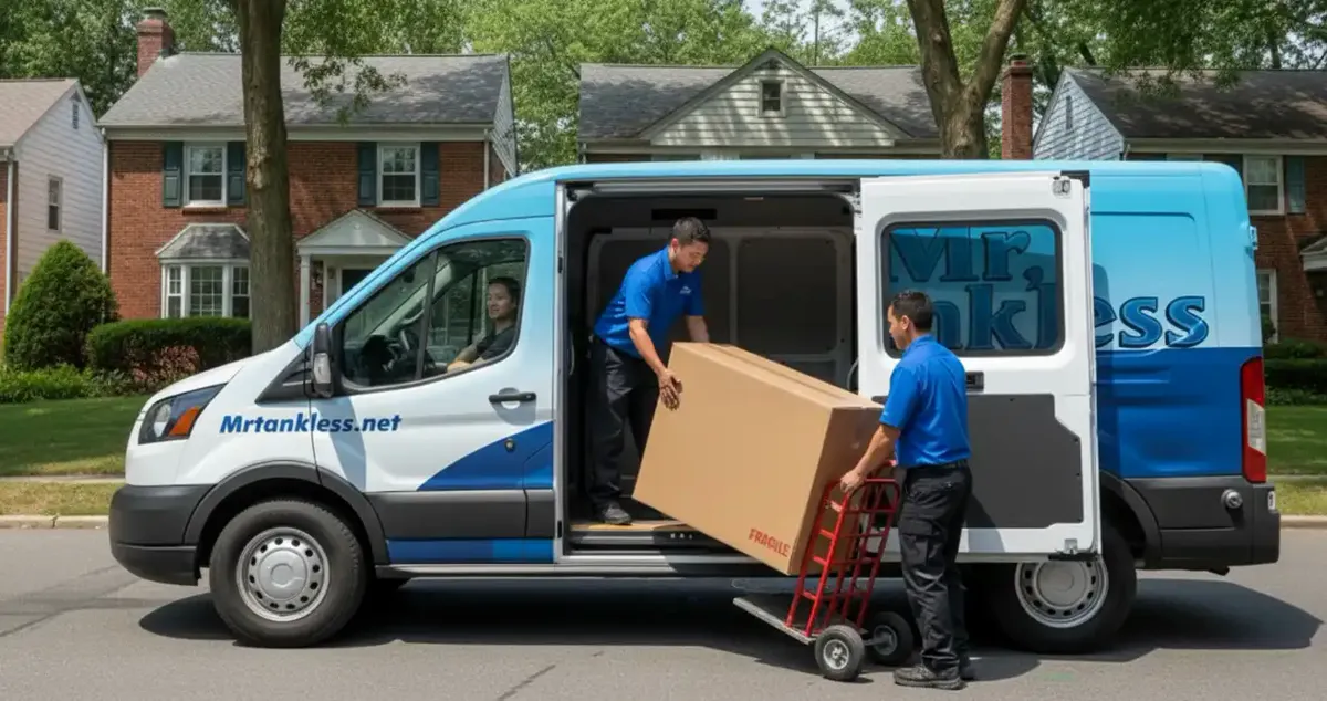 Mr. Tankless technicians unloading a new furnace from a company van outside a home