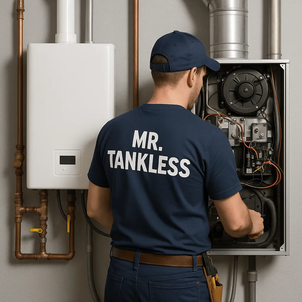 A Mr. Tankless technician servicing the inside of a home furnace beside a tankless water heater