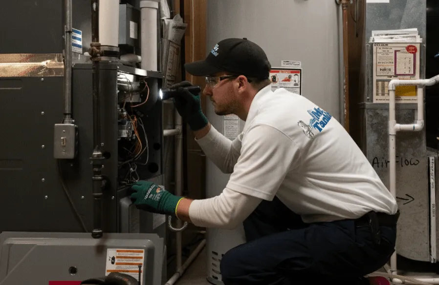 A Mr. Tankless technician inspecting a home furnace