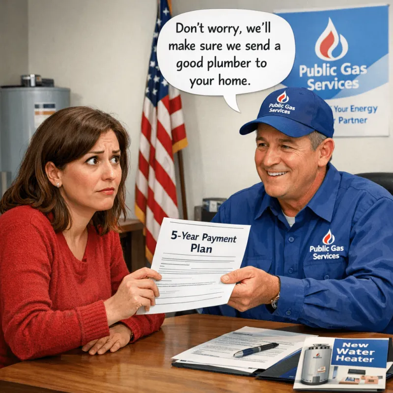 Illustration: a gas company representative hands a worried homeowner a 5-year payment plan for a new water heater and says, “Don’t worry, we’ll make sure we send a good plumber to your home.”