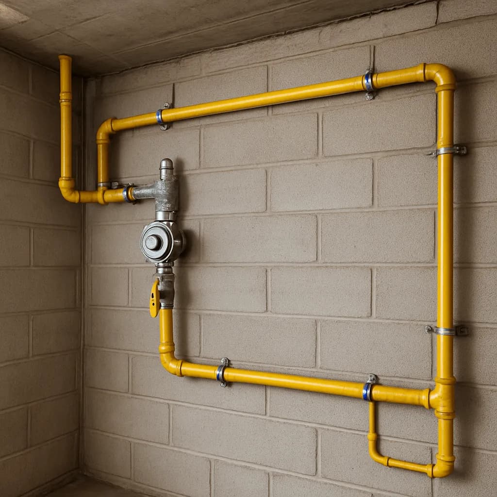 Yellow gas piping with a shut-off valve mounted on a basement wall