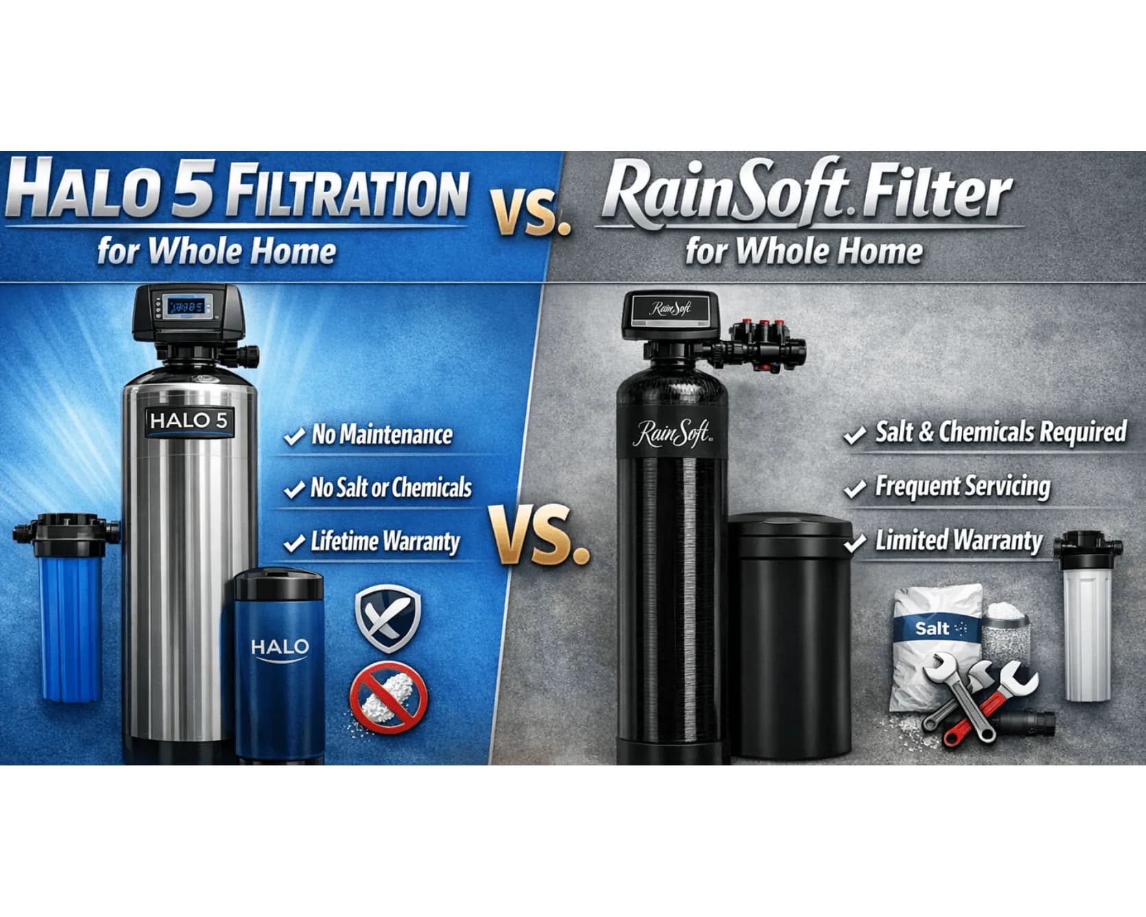 Comparison graphic: Halo 5 whole-home filtration needs no maintenance, salt, or chemicals, while a RainSoft filter needs salt and frequent servicing