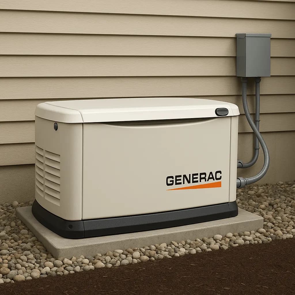 A standby home generator installed on a gravel pad beside a house