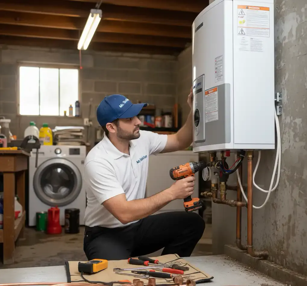 A Mr. Tankless technician installing a wall-mounted high-efficiency unit in a basement