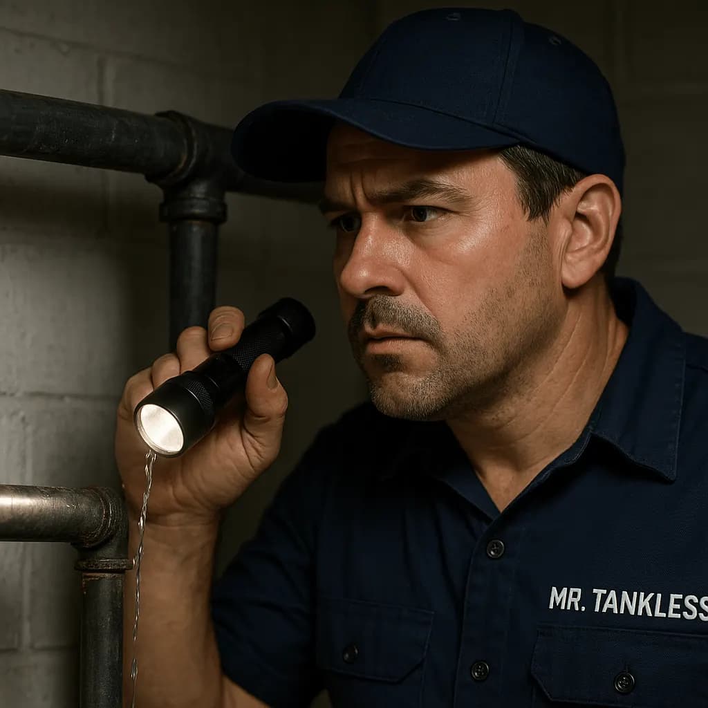 A Mr. Tankless plumber shining a flashlight on a dripping pipe joint