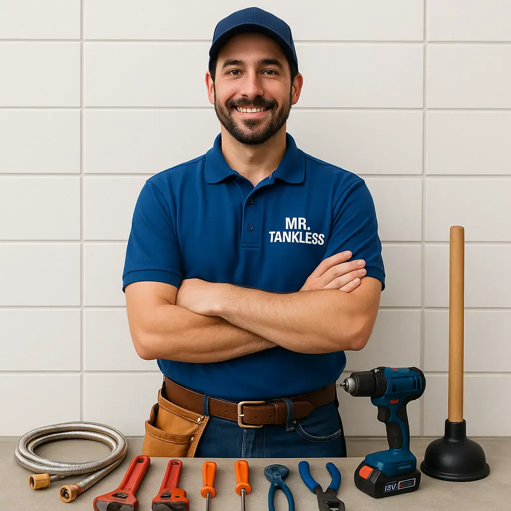 A smiling Mr. Tankless plumber with his tools