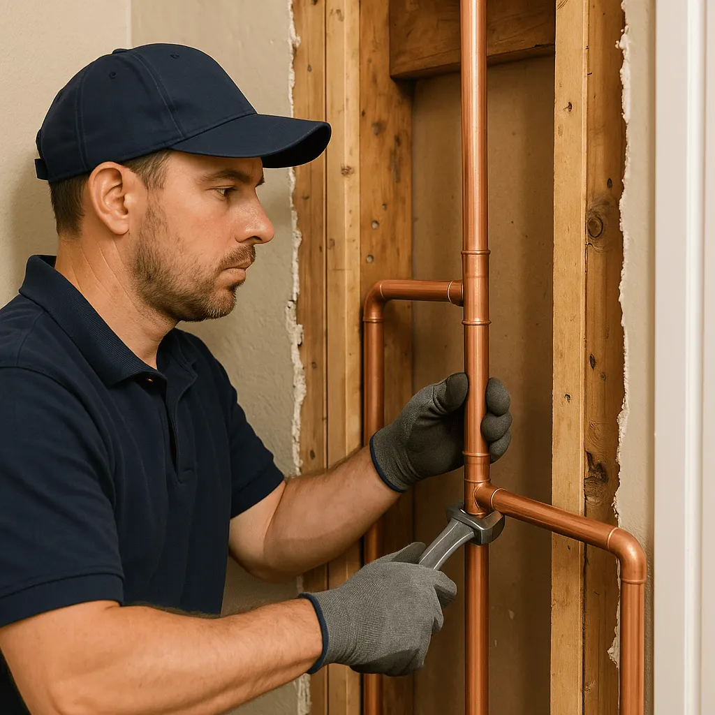 A plumber fitting new copper water pipes inside an open wall