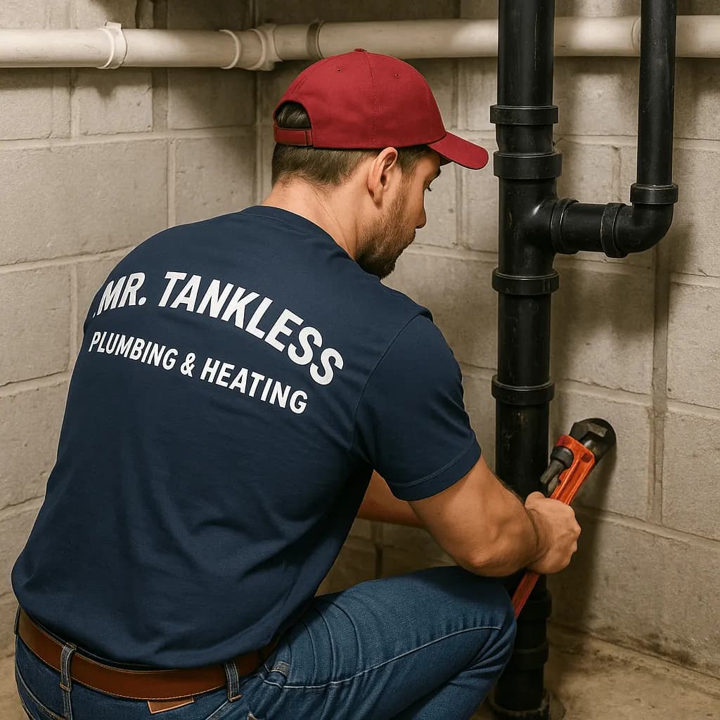 A Mr. Tankless plumber tightening a fitting on a basement drain pipe
