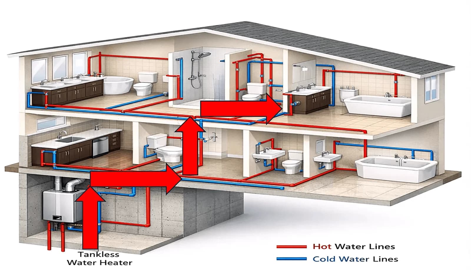 Cutaway of a two-story home showing hot and cold water lines running from a basement tankless water heater to every bathroom and the kitchen