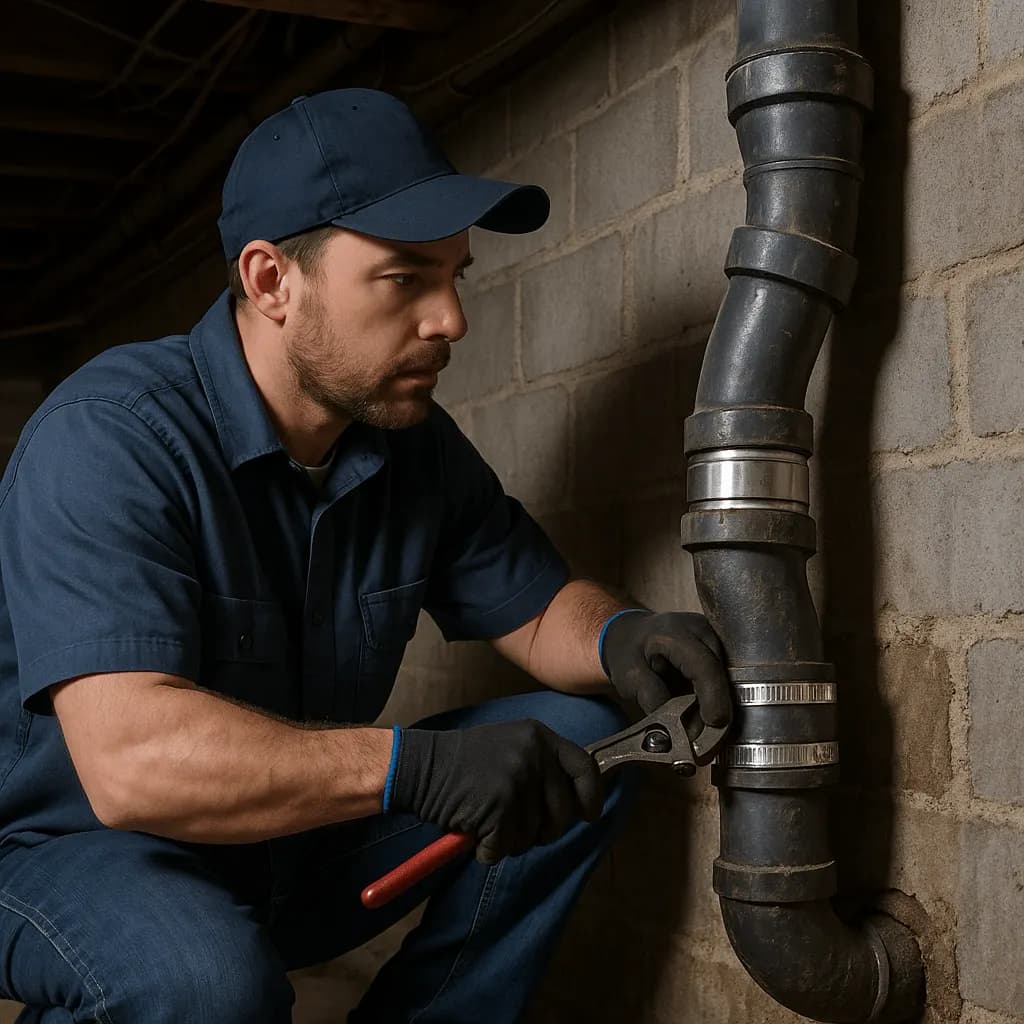 A plumber with a wrench working on a black cast-iron drain stack in a basement