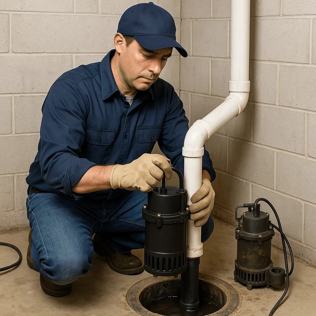 A plumber installing a new sump pump in a basement sump pit