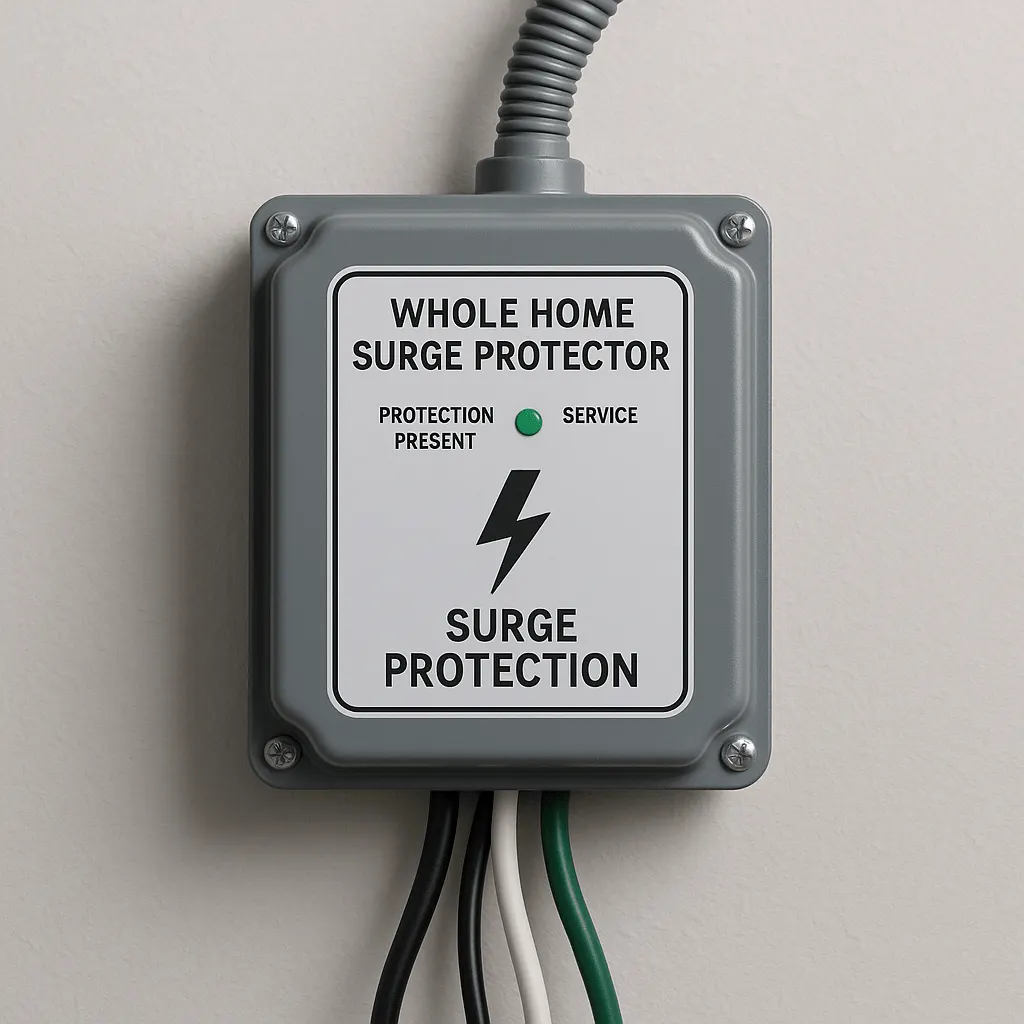 A whole-home surge protector mounted on a wall with its protection light on