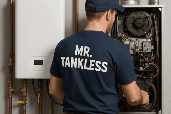 A Mr. Tankless technician servicing a wall-mounted tankless water heater