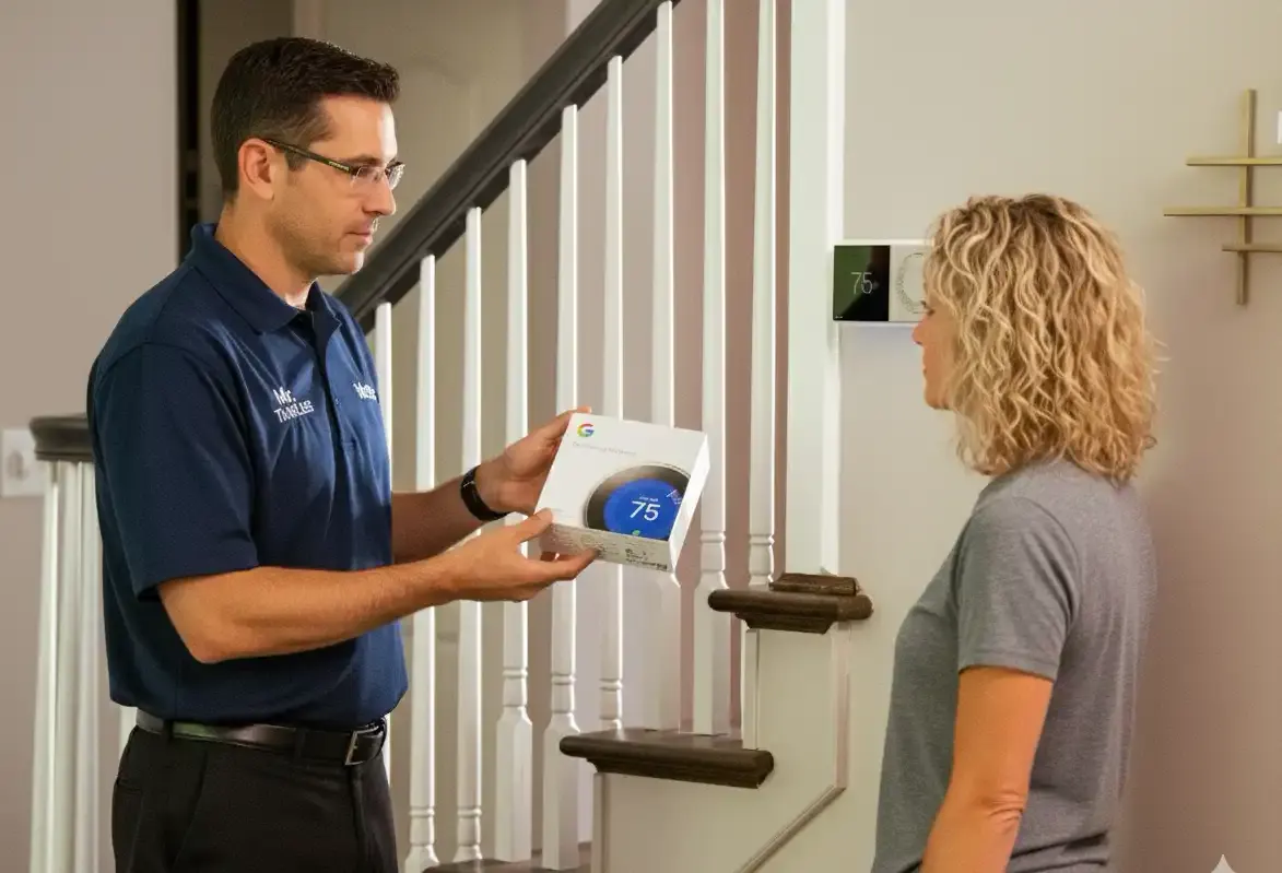 A Mr. Tankless technician showing a homeowner her new wall thermostat