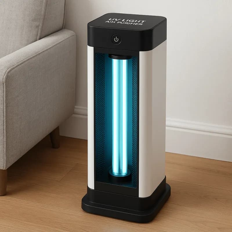 A UV light air purifier with a glowing blue germicidal lamp