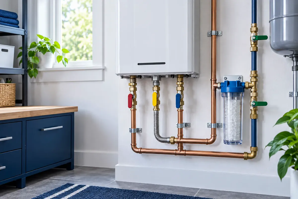 A wall-mounted tankless water heater with a water treatment filter and service valves on its supply lines