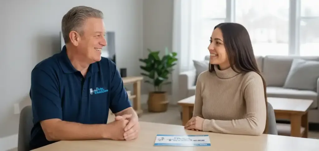 A Mr. Tankless advisor talking through options with a homeowner at their kitchen table