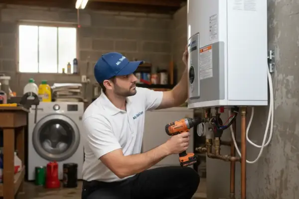 A Mr. Tankless technician installing a wall-mounted heating unit in a basement