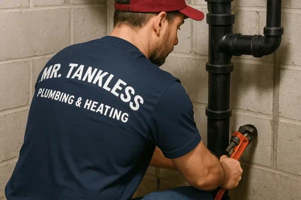 A Mr. Tankless plumber working on a basement drain stack