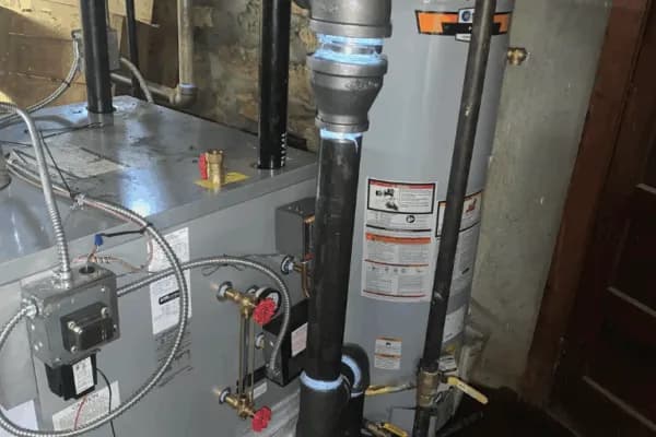 A gas-fired steam boiler and water heater in a basement mechanical room
