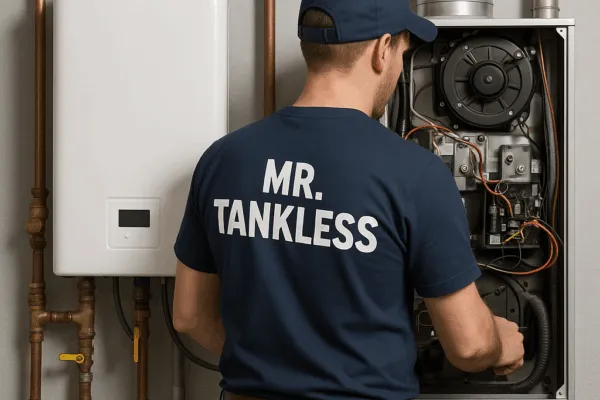 A Mr. Tankless technician servicing a wall-mounted tankless water heater